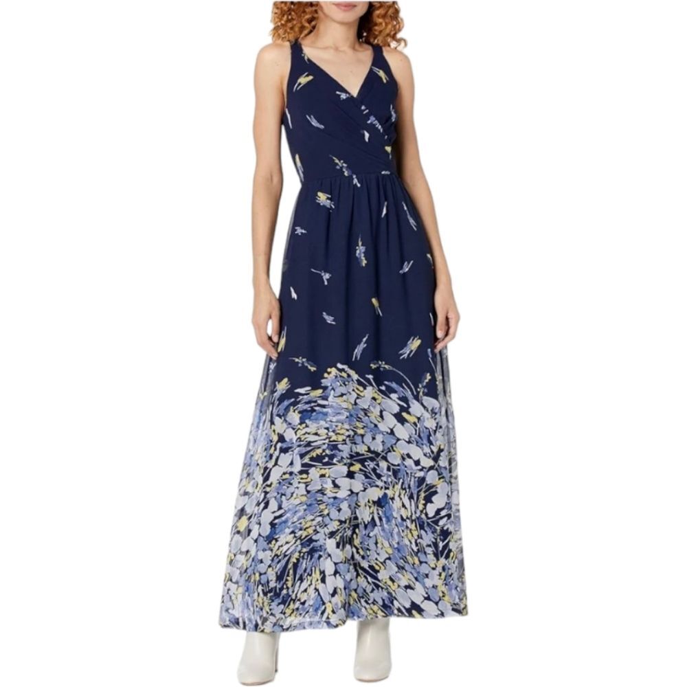 NWT DKNY dress maxi sleeveless chiffon draped back blue yellow abstract floral 4